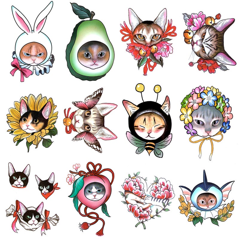 Oottati 30 Sheets Super Cute Tiny Cats Head Flower Waterproof Temporary Tattoo Suit For Kids Women Pool Party, Easy Apply & Lasts 7 Days, Summer Fun Essentials - Image 1